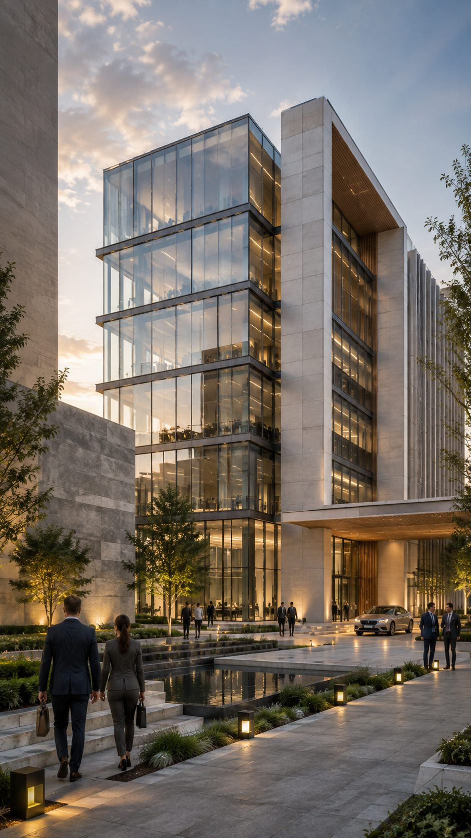 Modern corporate headquarters with minimal black and white architecture